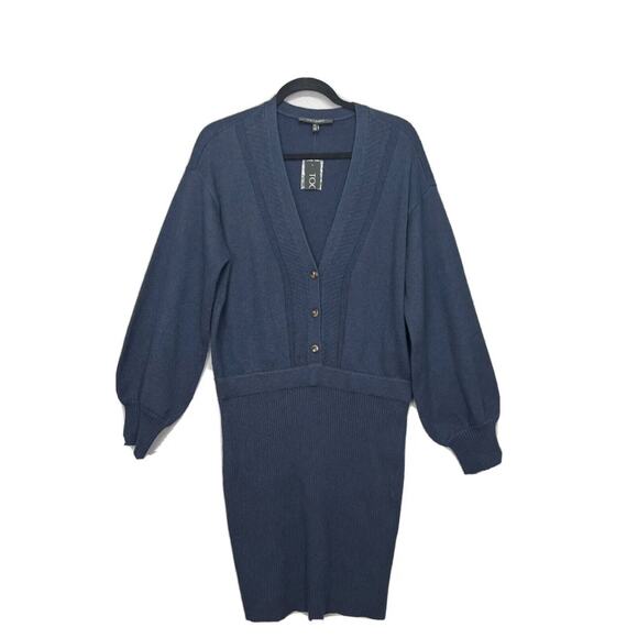 NWT Toccin NY Women Navy Blue Long Sleeve Cotton Wool Knit Ribbed Dress B13 - Picture 2 of 6